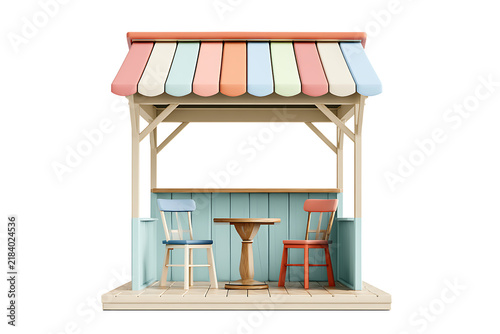 3d rendering of a small outdoor cafe stall with a striped awning and two chairs isolated on transparent background