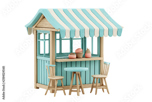 3d render of a cute pastel ice cream kiosk with table and chairs isolated on transparent background