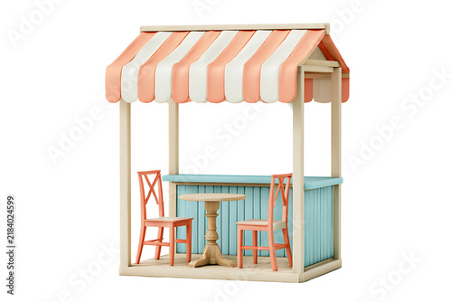3d render of a cute outdoor cafe stall with a striped awning and wooden furniture isolated on transparent background