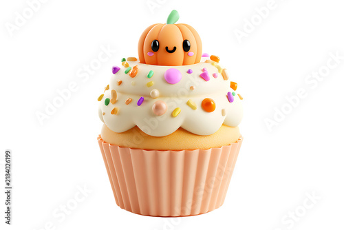 Cute 3d cupcake with a smiling pumpkin topper and colorful sprinkles isolated on transparent background