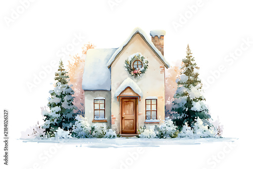 Cozy winter cottage with snow covered roof and pine trees isolated on transparent background