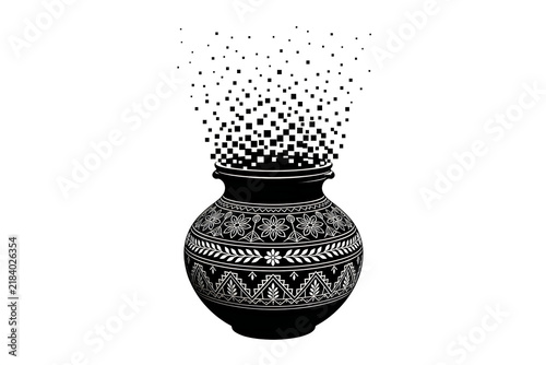 Pot dispersing into particles against a plain white background.