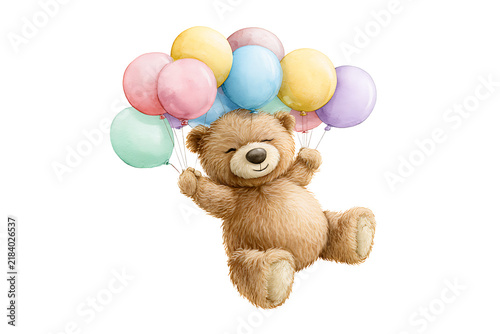 Cute teddy bear flying with colorful balloons isolated on transparent background