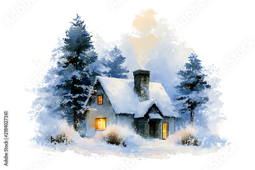 Cozy snowcovered cottage in a winter forest, isolated on transparent background