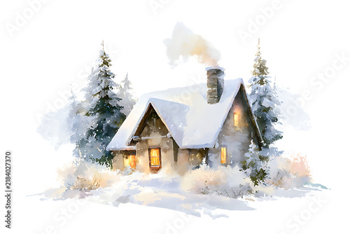 Cozy snowcovered cottage in a winter forest, isolated on transparent background