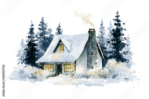 Watercolor illustration of a cozy snowcovered cabin in a winter forest isolated on transparent background