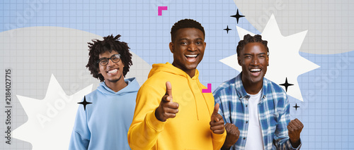 Fotografie Three Happy Young Black Men Smiling Together, Exuding Positive Emotion While Doing Celebratory Gesture, Standing Against Light Background