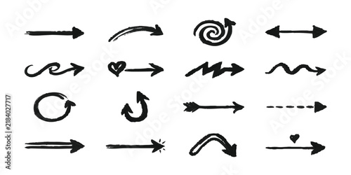 Set of black hand drawn arrows with various shapes and styles for creative design projects