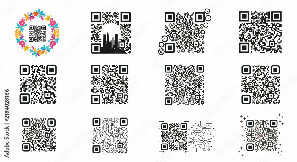 Fototapeta premium A collection of various stylized black and white QR codes are arranged on a white.
