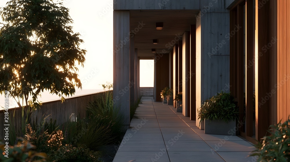 Obraz premium A modern architectural walkway with concrete columns potted plants and warm sunlight filtering through trees at sunset