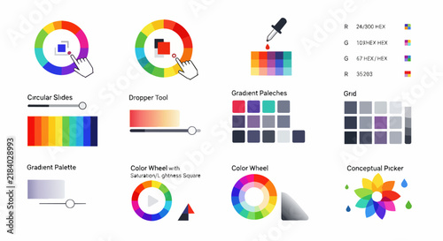 A collection of digital color selection tools including color wheels, gradients, and.
