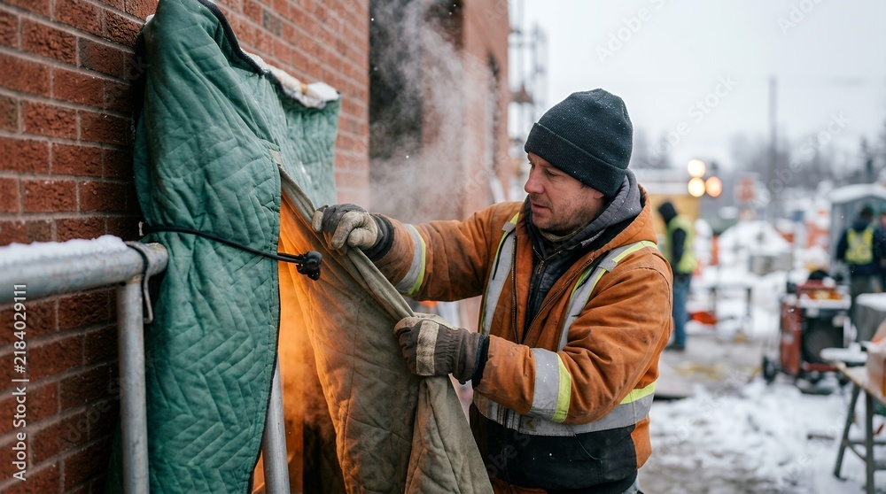 Fototapeta premium Construction worker using heating enclosure for brickwork on a cold winter job site.