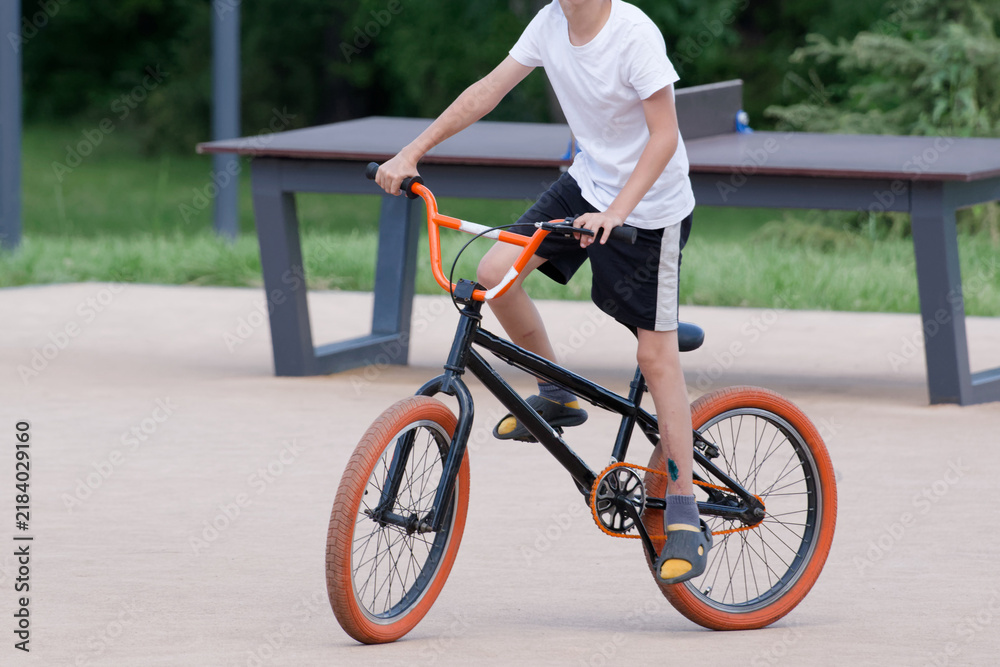Obraz premium Cropped view of young BMX rider balancing on a black bicycle in a city park, suitable for cycling, fitness and active lifestyle themes Photo