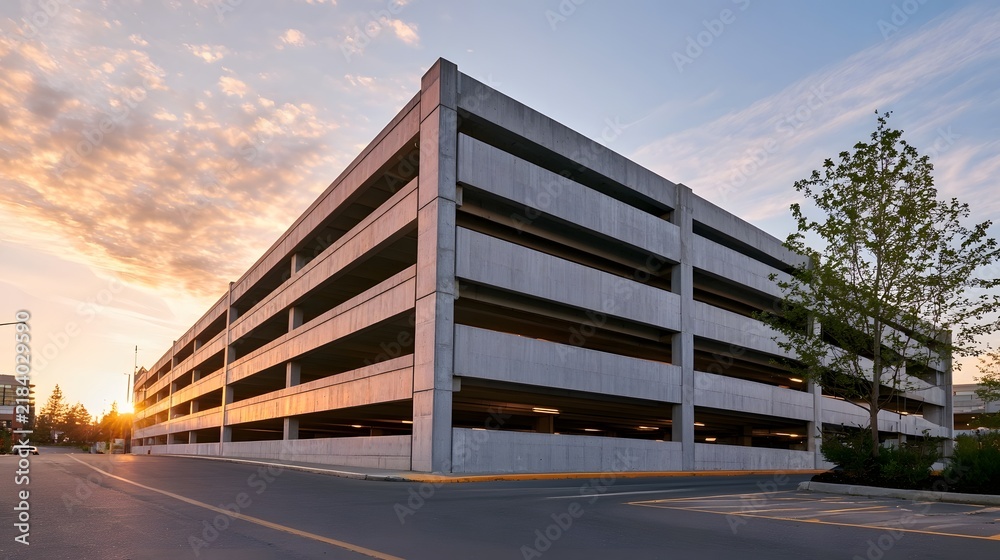 Obraz premium Multi level concrete parking structure with empty bays under warm sunset sky street level view with tree and road