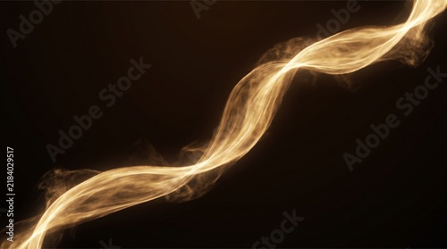 Abstract golden light wave flowing on black background, glowing energy smoke trail.