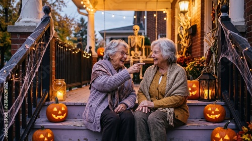Senior women laughing together on porch decorated with Halloween pumpkins.