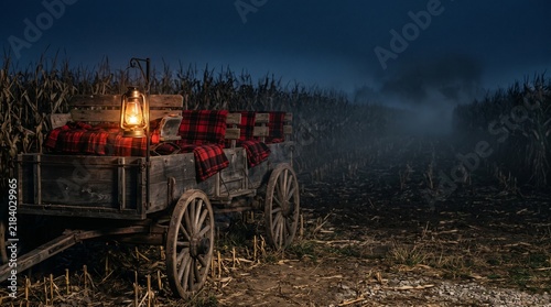 Rustic wooden hayride wagon with glowing lantern parked in a spooky cornfield at night.