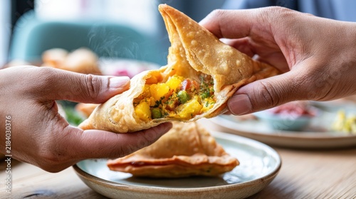 Hands holding open stuffed samosa on plate, crispy fried snack with vegetable filling, street food and Indian cuisine concept