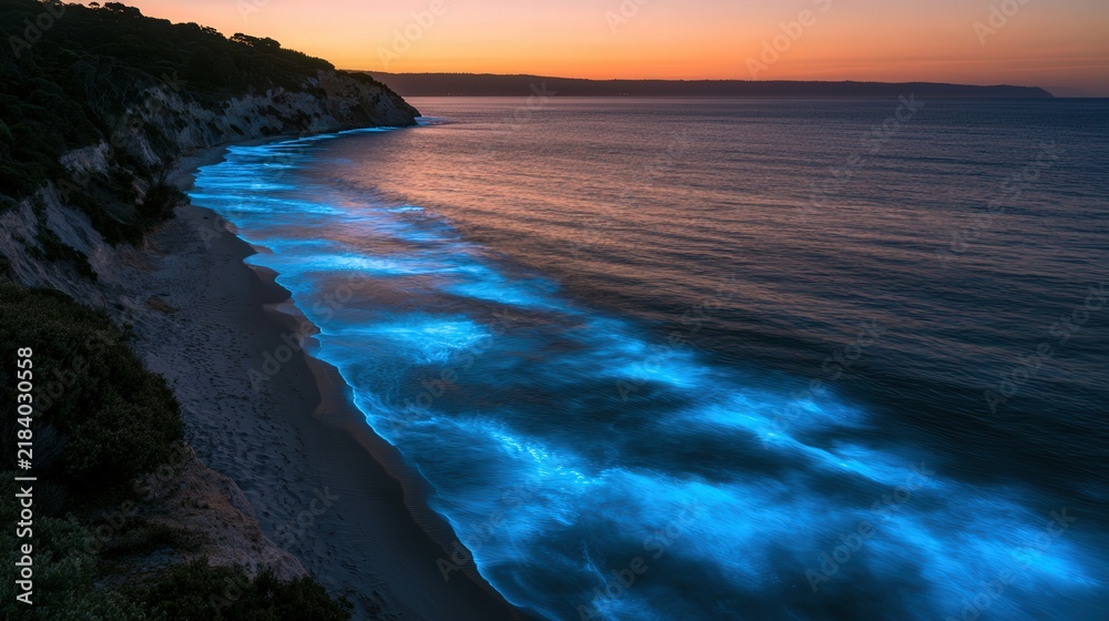 Fototapeta premium Bioluminescent ocean waves glow blue along a sandy beach at sunset