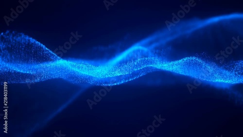 Glowing blue particle waves flow across a dark abstract digital field. Technology presentations, digital interface, and science explainers.
