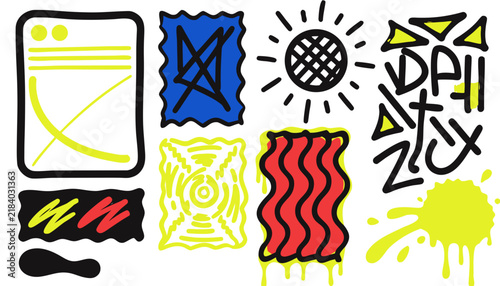 Urban spray paint graffiti collection with frames and symbols hand drawn graffiti splatter elements abstract rectangles illustration isolated collection creative subculture vandalism .vector icons