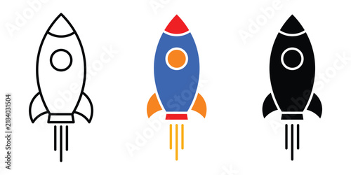 Rocket launch vector icons set featuring outline, flat colorful, and solid silhouette styles isolated on white background