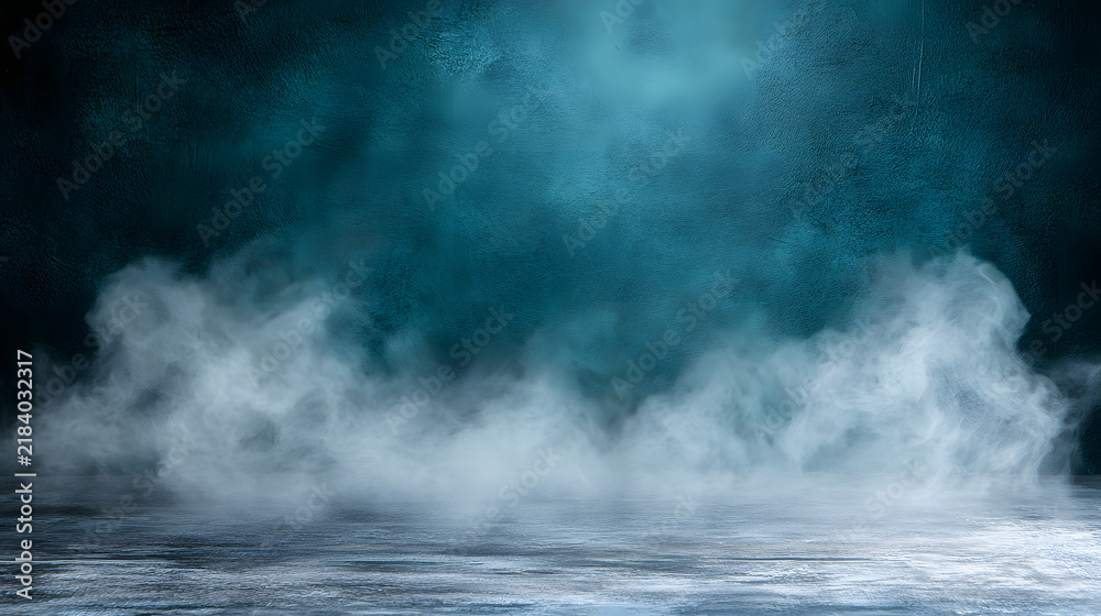Fototapeta premium Dark Blue Studio Background with Thick White Smoke Overlay on Concrete Floor for Product Presentation
