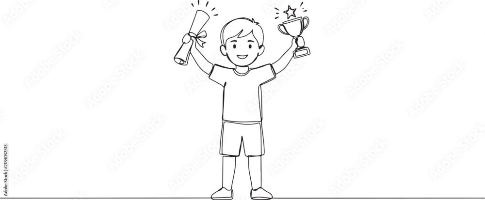 Obraz premium continuous line drawing of a child showing a certificate and trophy. one line drawing of an outstanding child. one line Icon drawing