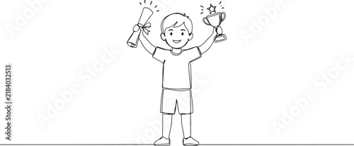 Foto continuous line drawing of a child showing a certificate and trophy