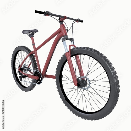 3d render of a mountain bike with a red frame and large tires in a neutral background