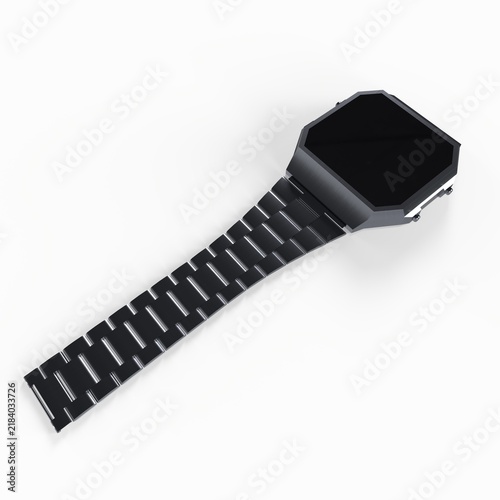 3d render of a black octagonal watch placed on a flat surface