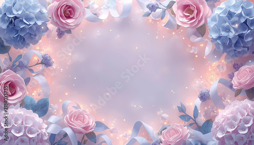 Pink rose and blue hydrangea floral frame on a glowing soft background with pink roses flower border pastel background spring flowers blooming flowers