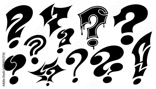 Black graffiti spray paint question mark symbols collection on white background .vector icons