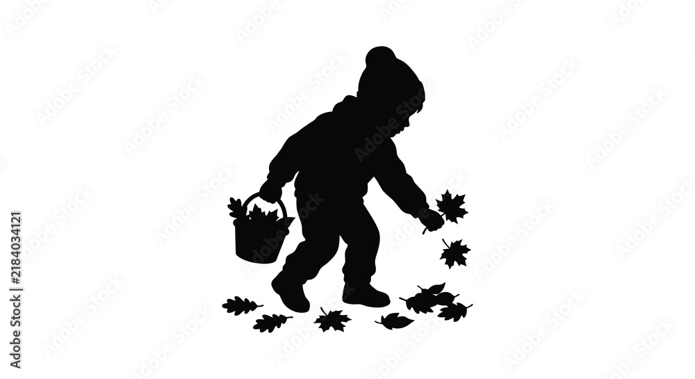 Fototapeta premium Child silhouette carrying basket and reaching for falling leaves on white background