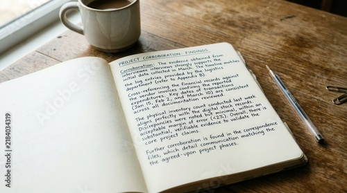 Project Corroboration Findings Review And Analysis On Table With Coffee And Pen