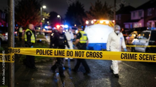 Police Tape At Night Crime Scene With Emergency Services Present