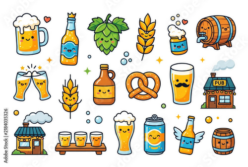 Set of cute beer and brewery stickers with bottles, glasses and hops. Concept of craft beer celebration. PNG
