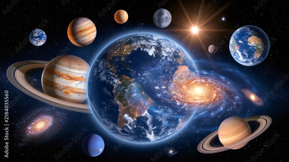 Fototapeta premium Earth and solar system planets surrounding a galaxy