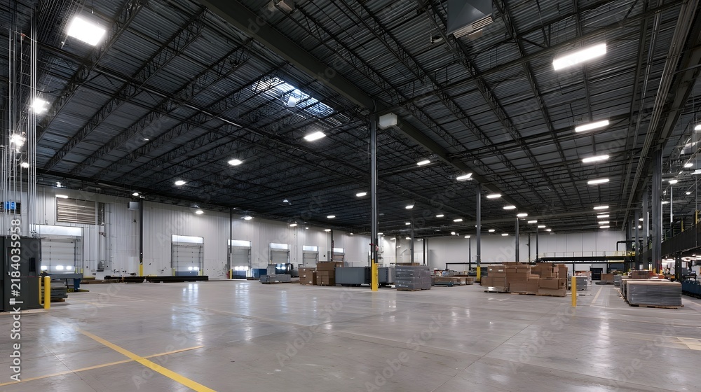 Obraz premium Large industrial warehouse interior with high ceiling exposed beams and bright overhead lighting illuminating concrete floor and stacked materials