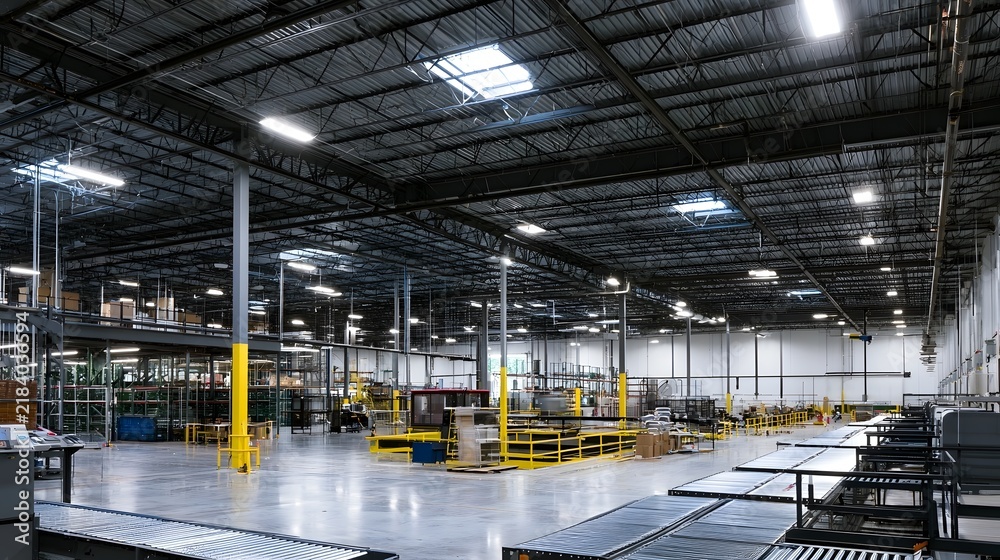 Obraz premium Large industrial warehouse interior with high ceiling metal beams fluorescent lighting and conveyor systems for material handling
