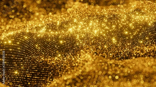Animated golden sand or confetti wave, with particles gracefully dispersing in the wind. Airflow. 3d render animation.