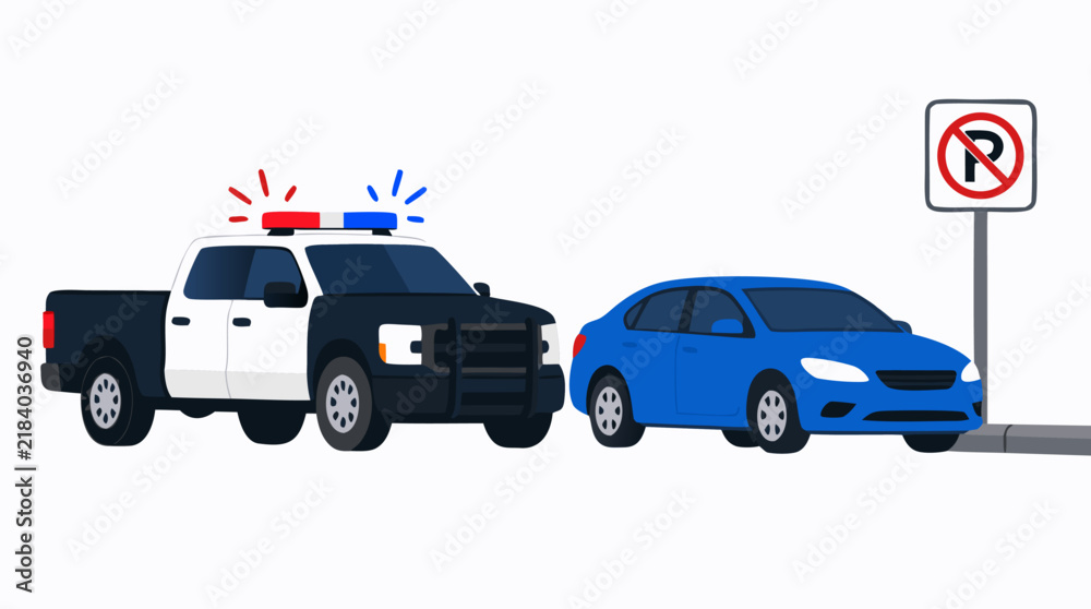 Fototapeta premium Black and white police truck with red and blue emergency flashing lights ticketing blue sedan parked at curb beside no parking sign, law enforcement traffic violation flat vector illustration