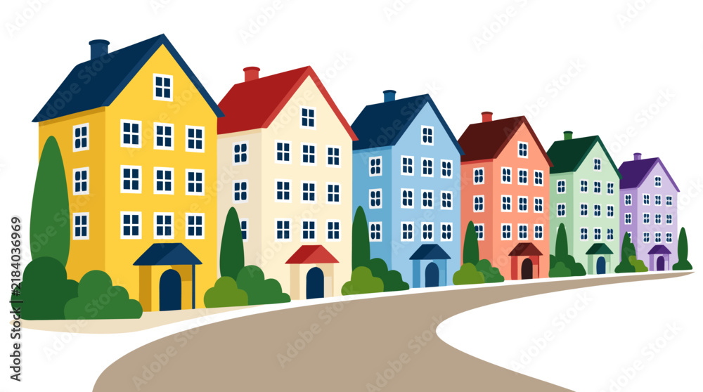 Naklejka premium Colorful row of charming flat-design houses and hotels with small windows and pitched roofs lining a winding country road in a quaint village scene, vibrant vector illustration