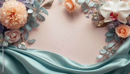 Pastel flower arrangement frame with silk satin fabric and soft focus silk cloth floral border pastel flowers wedding background blooming garden floral decorat