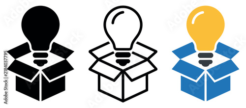Bild auf Leinwand Think Outside the Box: Three stylized icons depict a lightbulb emerging from an open box, symbolizing innovation, creativity, and new ideas