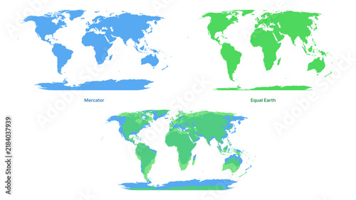 Comparison of Mercator and Equal Earth world map projections shown in blue and green vector illustration. area representation of continents for geography education, cartography. atlas design concept.