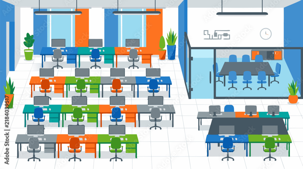 Obraz premium Empty Modern Office Interior with Colorful Desks Chairs Meeting Room No People Flat Vector Illustration - professional high resolution commercial stock photography with detailed commercial stock