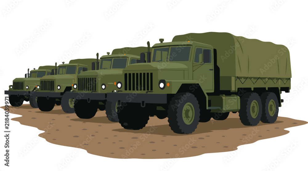 Obraz premium Row of Olive-Green Military Cargo Trucks Parked on Dirt Lot with Canvas Bed Covers in Flat Muted Color Vector Illustration Style - professional high resolution detailed commercial stock imagery with