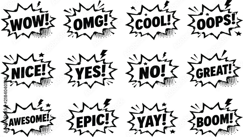 Fototapeta premium Set of Retro Comic Book Speech Bubbles and Explosion Clouds in Black and White Pop Art Style with Expressions like Wow, Boom, OMG, and Epic, Halftone Screentone Vector Illustration.