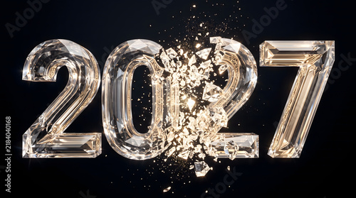 3D crystal ice 2027 new year typography background illustration with frozen sparks